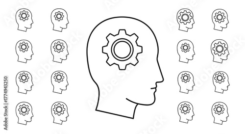 Abstract outline of a human head with a gear inside, symbolizing thought process, ideas, and mechanical thinking, set against a dark background with repeating subtle gear icons, perfect for