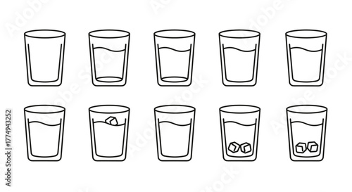 Collection of ten outline glasses filled with water, some with ice cubes, presented on a black background. This linear vector illustration is perfect for graphic and web design, apps, adverts