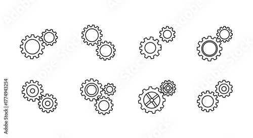 Set of modern outline style gear and cogwheel icons, perfect for design projects, apps, social networks, and more. This vector illustration features a clean, minimalist aesthetic with a white