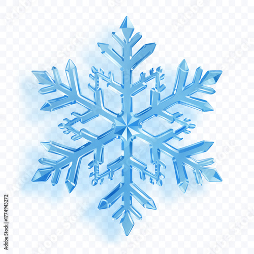 A complex, six-pointed snowflake with crystalline facets in shades of light blue with soft shadow on a transparent background. Transparency only in vector format.