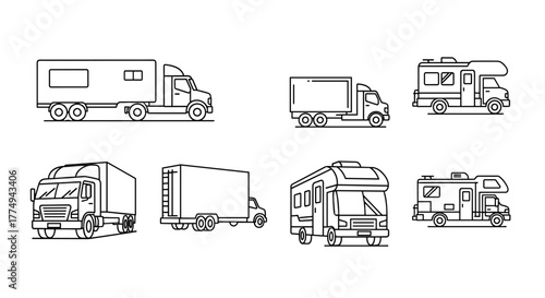 Collection of modern outline-style icons featuring various trucks and motor homes, presented on a clean white background, perfect for design projects, cards, apps, and social networks, offering a