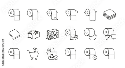 Collection of thin line icons representing toilet paper in various forms and uses, including rolls, stacks, new product tags, shopping carts, recycling bins, and usage indicators, perfect for web