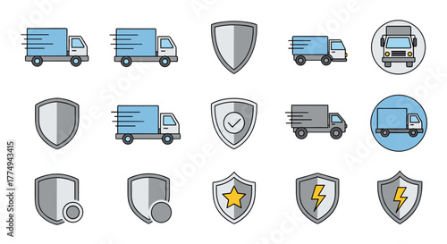 Set of vector icons featuring trucks and shields, symbolizing logistics, delivery, protection, and security, ideal for graphic design, advertising, apps, and book illustrations on a clean white