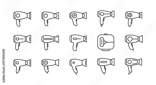Set of thin line icons representing various hair dryers and a hair dryer appliance, perfect for graphic design, app interfaces, and conceptual illustrations, presented on a clean white background for