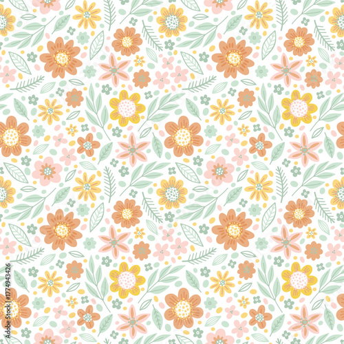 Seamless vector floral pattern with hand-drawn retro flowers and leaves in soft pastel tones. Editable illustration perfect for fabric prints, wallpaper, children’s apparel and spring-themed packaging