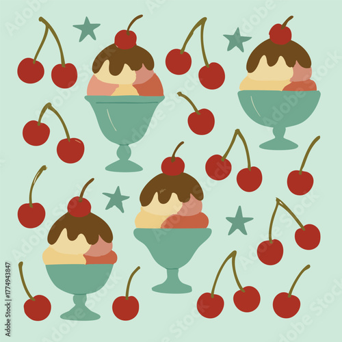 Sundae Ice Cream Dairy Dessert Frozen Scoop Summer Vanilla Chocolate Cherry Cherries Bowl Syrup Toppings Whip Cream Vector Print Design