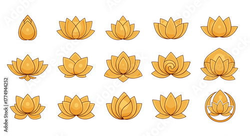 Collection of Golden Lotus Flower Icons and Symbols, Representing Purity, Enlightenment, and Spirituality, Ideal for Yoga, Meditation, and Wellness Brands, Vector Art
