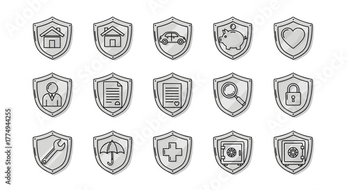 Collection of outline line icons representing defense, insurance, and protection, presented on shields. This vector pack includes symbols for home, car, piggy bank, heart, person, document