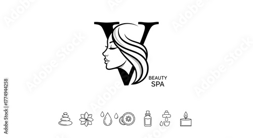 Elegant and minimalist logo design featuring the letter 'V' intertwined with flowing lines, evoking beauty and spa aesthetics. A collection of delicate line icons representing spa elements like