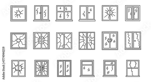 Collection of broken window line icons, featuring various designs from simple cracks to shattered panes, presented as outline signs for graphic and web design, apps, adverts, and various cards