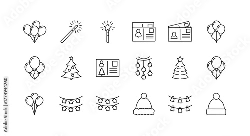 Bundle of Holiday-Related Line Icons: Editable Stroke for Design, Web Sites, Apps, Cards. Contains Linear Images of Balloons, Magic Wands, Postcards, Christmas Trees, Garlands, and Winter Hats for