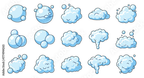 Collection of cartoon-style bubbles and foam illustrations, perfect for interface elements, social media posts, advertisements, and various card designs. This ordered set features a clean, white