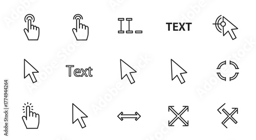 Set of outline cursor icons and hand pointers for graphic and web design, apps, adverts, and various cards. Vector cartoon illustration with a white background, featuring different cursor types like