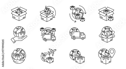 Global delivery and logistics icons set, featuring cardboard boxes, the Earth, trucks, airplanes, and location pins, presented in a minimalistic linear style for web and graphic design, apps