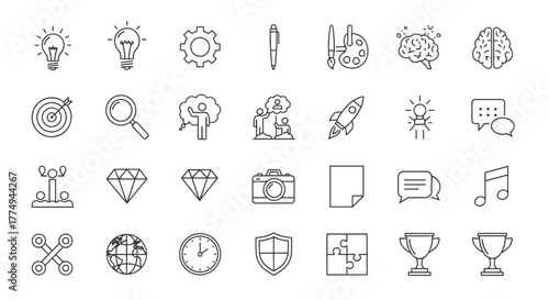 A curated collection of thin line icons representing the creative process, business concepts, and general ideas, presented on a clean white background for versatile application in digital and print
