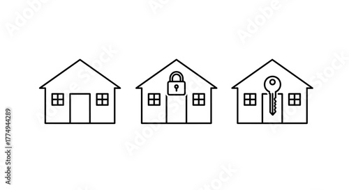 Minimalistic linear icon set of houses with locks, representing security and home ownership. This vector cartoon illustration is perfect for web design, graphic design, apps, banners, social