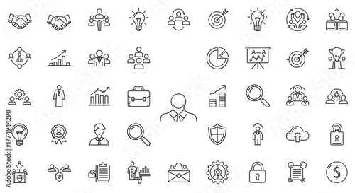 A comprehensive collection of business and teamwork-themed line icons, featuring handshake, collaboration, target, lightbulb, charts, briefcase, magnifying glass, shield, cloud, and lock symbols