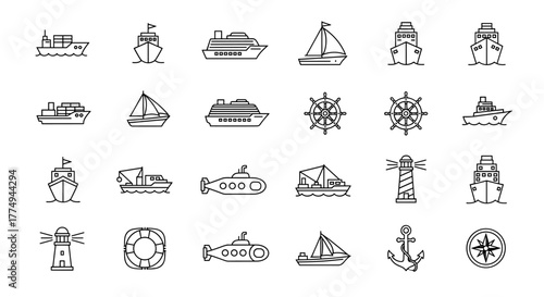 Collection of thin line icons representing various ships, boats, and maritime elements, including cargo ships, sailboats, cruise liners, submarines, lighthouses, anchors, lifebuoys, and compasses