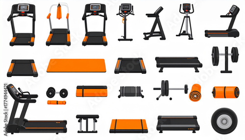 Energetic Flat Fitness Equipment Icons in Orange Black