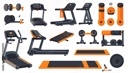 Energetic Flat Fitness Equipment Icons in Orange Black