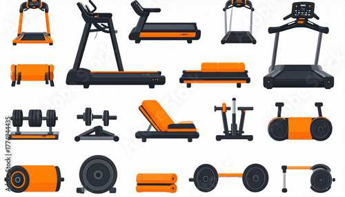 Energetic Flat Fitness Equipment Icons in Orange Black