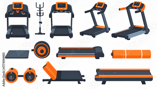 Energetic Flat Fitness Equipment Icons in Orange Black