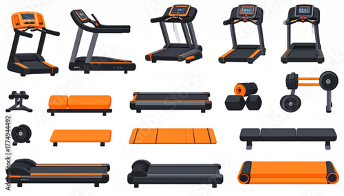 Energetic Flat Fitness Equipment Icons in Orange Black