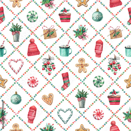 Watercolor Christmas Pattern with Gifts, Cookies, and Winter Decor. Hand-painted seamless design for fabric, wrapping paper, and festive packaging.