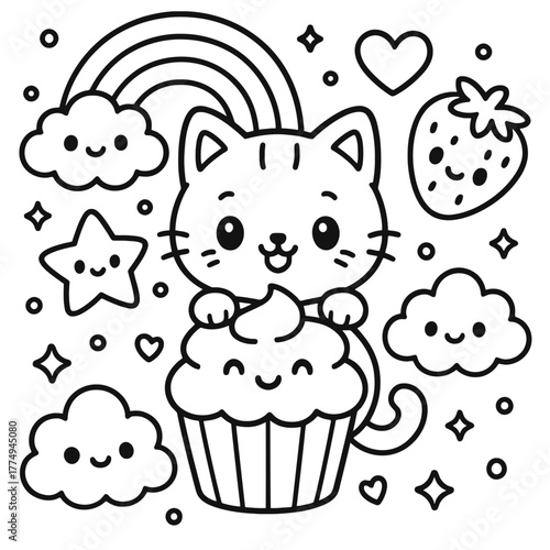 Cute cartoon animal bear and cat love birthday card with sweet cupcake and cake vector illustration set
