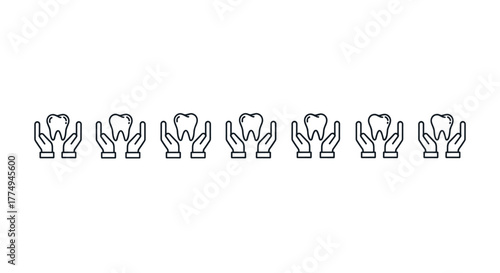 Set of seven thin line icons of a tooth held between two hands, symbolizing dental care, protection, and oral hygiene, presented in a repeating pattern on a dark background, suitable for medical and