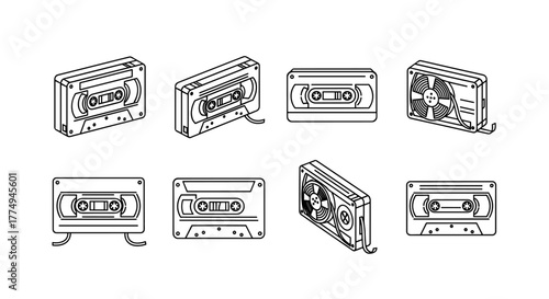 Set of thin line icons representing audio cassette tapes in various perspectives and orientations, perfect for graphic and web design, apps, adverts, and various cards. This vector cartoon