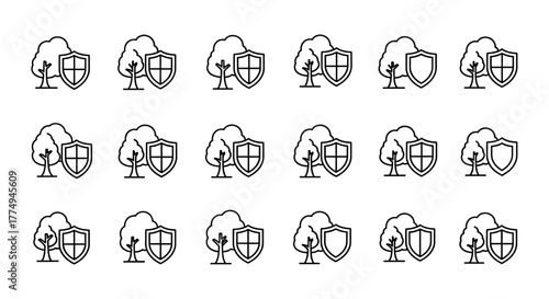 Minimalistic thin line icon of a tree next to a shield, symbolizing protection, nature, and security. Ideal for web design, app icons, social media banners, and graphic design projects, presented as