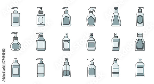 Collection of 18 simple, thin line art icons representing various cosmetic and hygiene bottles, including pump dispensers, spray bottles, and flip-top containers, perfect for web, apps, and print