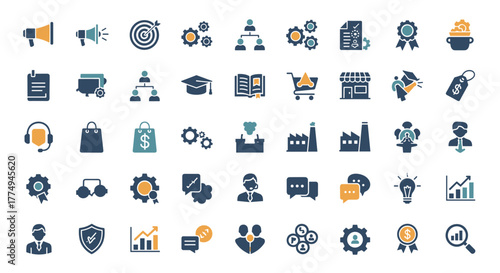 Vibrant collection of vector solid icons representing marketing, business processes, commerce, learning, shopping, industry, customer service, and financial concepts, perfect for digital