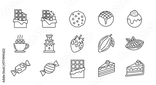 Collection of delicious chocolate icons, including bars, truffles, cakes, candies, hot chocolate, and cocoa beans, presented in a clean, editable outline style for versatile design applications