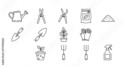 Outline icon set of horticultural care practices, including a watering can, pruning shears, fertilizer bag, mulch pile, trowels, potted plant, gardening gloves, and spray bottle, representing
