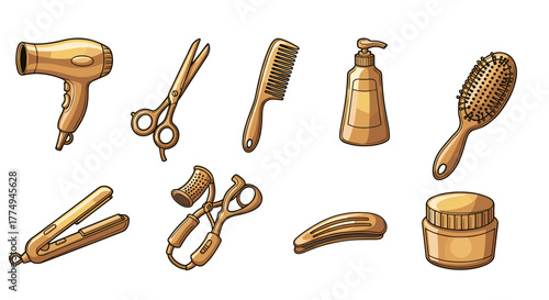 Golden gradient cartoon illustration of a set of essential hair salon tools, including a hairdryer, scissors, comb, lotion dispenser, hairbrush, straightener, eyelash curler, hair clip, and jar of