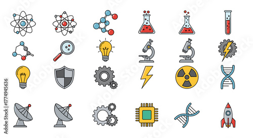 Vibrant and diverse collection of science and technology icons, featuring atoms, molecules, lightbulbs, microscopes, gears, DNA strands, rockets, and more, perfect for educational materials