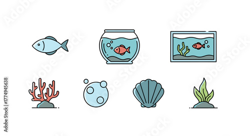 Collection of minimalistic vector cartoon illustrations featuring aquatic elements: a light blue fish, a round fishbowl with a red fish and bubbles, a rectangular aquarium with a red fish and