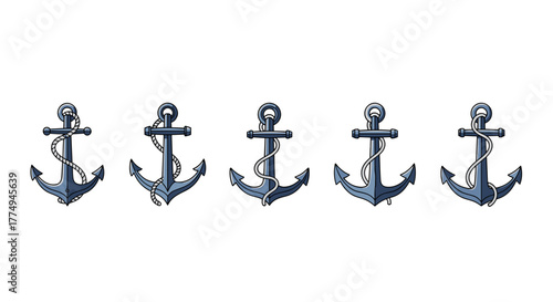 A set of five simple, flat, cartoon-style anchor illustrations, each with a rope, arranged in a neat horizontal line against a black background, perfect for nautical or maritime graphic design