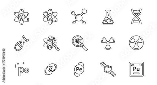 Set of science and technology icons with editable stroke, featuring atoms, DNA strands, molecules, laboratory flasks, magnifying glass, radiation symbols, and periodic table elements, perfect for