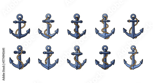Set of ten nautical anchors in a flat cartoon illustration style, featuring blue anchors with yellow ropes, presented in two rows on a black background, perfect for marine-themed graphic resources