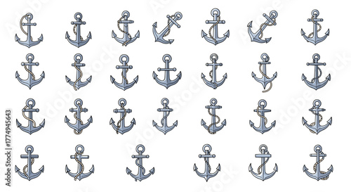 Collection of 28 diverse anchor illustrations, featuring classic marine designs with ropes, presented in a flat, cartoon style. This ordered set offers a variety of anchor shapes and rope