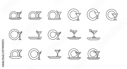 Collection of minimalistic line art icons and pictograms featuring plates and cocktail glasses, perfect for web design, graphic design, app interfaces, banners, social media, and greeting cards