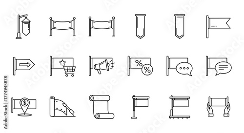A comprehensive set of street banner and flag-related line icons, featuring outline signs perfect for graphic and web design, app development, advertisements, and various card designs. This vector
