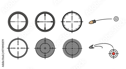 Collection of sniper scope reticles and aiming lines with bullet trajectory, featuring editable stroke and cartoon illustration style, perfect for infographics, articles, books, flyers, and banners
