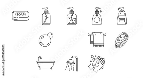 Collection of thin line icons representing various bathroom and hygiene essentials, including soap bars, liquid soap dispensers, bubbles, a towel on a rack, a sponge, a bathtub, a showerhead with