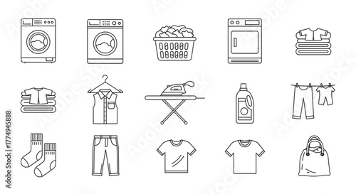 A clean and modern vector illustration set featuring essential laundry service icons, including washing machines, dryers, laundry baskets, irons, ironing boards, detergent bottles, folded clothes