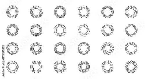 Set of 24 abstract circular line art elements, perfect for technology, science, and futuristic designs. These spinning vortex and radial patterns offer a modern, clean aesthetic for logos, icons, and