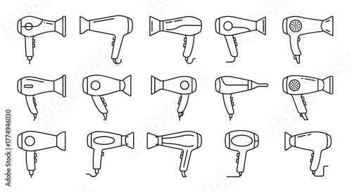 Collection of fifteen diverse outline icons representing hair dryers, presented on a clean white background, ideal for graphic design, web applications, advertisements, and various card designs